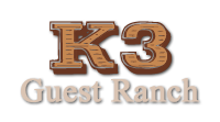 Logo with large, wood-textured letters “K3” above the words “Guest Ranch” in a light, shadowed font on a white background.